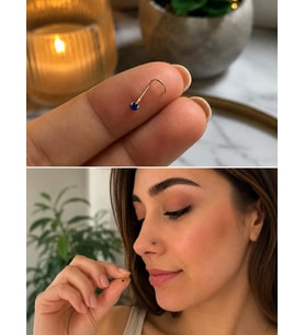 925 Ayar Gümüş Mavi Taşlı Burun Hızması Piercing Minimal L Şekilli Unisex Nose Stud
