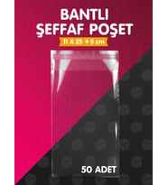 Bantlı Şeffaf Poşet (11x25+5cm)  50 Adet Parlak Jelatin Paket Hediye Poşeti -T992 (Renksiz)