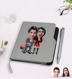 BK Gift Kişiye Özel Sevgililer Karikatürlü Gri Termo Deri Defter Kalem Seti-1