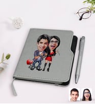 BK Gift Kişiye Özel Sevgililer Karikatürlü Gri Termo Deri Defter Kalem Seti-1