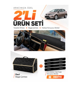 TOYOTA AURIS E180 (2012-2018) Uyumlu Torpido Örtüsü + Deri Bagaj Çantası + Sticker Seti - Siyah Bej