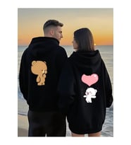 Sevgili Kombin Hoodie – Ayıcık Baskılı Kalpli Çift Sweatshirt Unisex Kapüşonlu Oversize (Siyah)