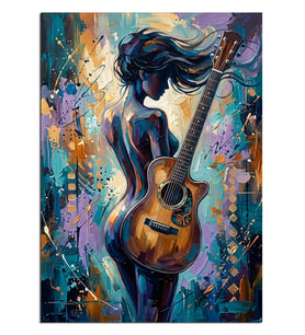Mavi Gitarlı Kadın Silüeti Renkli Soyut Dekoratif Kanvas - Mdf Ahşap Tablo