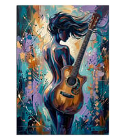 Mavi Gitarlı Kadın Silüeti Renkli Soyut Dekoratif Kanvas - Mdf Ahşap Tablo