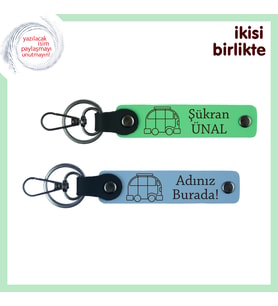 Her Yolculuğun Anısını Saklayacak Set, Karavan Figürlü Deri Anahtarlık, İsim Yazılı, F Yeşil-Mavi