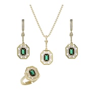 Yeşil Zirkon Taşlı Gold Rengi 925 Ayar Gümüş Kadın 3'lü Set