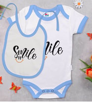 BK Kids Smile Tasarımlı Mavi Bebek Body Zıbın ve Mama Önlüğü Hediye Seti-1
