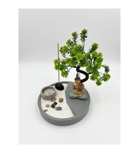 Kişiye Özel Yuvarlak Zen Kum Bahçesi Bonsai Ağaçlı Buda Figürlü Mumluklu Beton Masaüstü Meditasyon Seti 17 x 17 x 11 cm