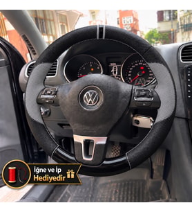 Vw Tiguan 1 Dikme Direksiyon Kılıfı Delikli Deri Parlak Siyah Gri Detay Çift Yüzük ve Dikiş 2011-2016