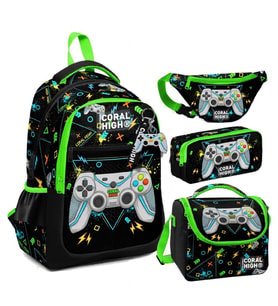 Coral High Siyah Fosforlu Yeşil Gamer Desenli Erkek Çocuk Okul Beslenme Kalemlik ve Bel Çantası Seti - İlkokul İçin Uygun (Çok Renkli)