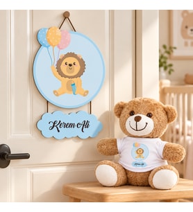 Kişiye Özel Bebek Kapı Süsü (Peluş Ayıcık Hediyeli) – Baby Shower / Hastane Odası