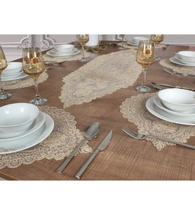 Amerikan Servis Supla ve Runner Seti 6 Kişilik Nakışlı Bej Valonia 7 Parça Masa Ve Sunum Takımı Valonia6'lı Bej Set, 1 Runnerlı Set Valonia Çeyizlik Takımı
