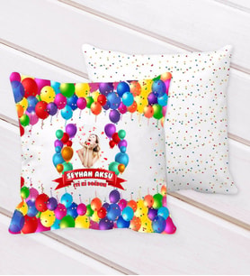 BK Gift Kişiye Özel Fotoğraflı Doğum Günü Tasarımlı Balon Desenli Dekoratif Kırlent Yastık-14 (Beyaz)