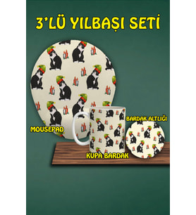 Yılbaşı Temalı 3'lü Bilek Destekli Mousepad Kupa Ve Bardak Altlığı Seti