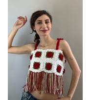 EL ÖRGÜSÜ GÜLLÜ KABARTMA PÜSKÜLLÜ KADIN BÜSTİYER CROP