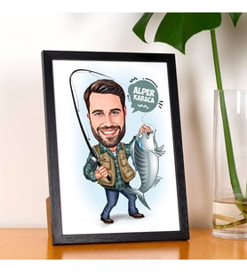 Kişiye Özel Balık Tutan Erkek Karikatürlü Resim Çerçevesi