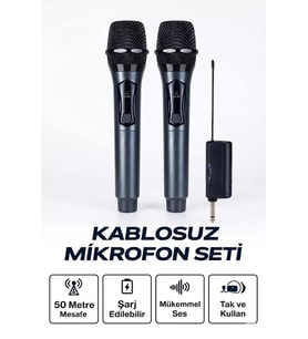 Profesyonel Çiftli Kablosuz Mikrofon Seti Karaoke Şarj Edilebilir 50 Metre