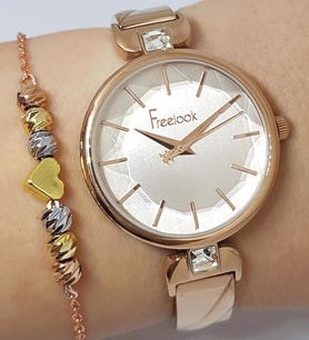 Freelook Kesme Camlı Rose Gold Kadın Kol Saati + Bileklik Seti