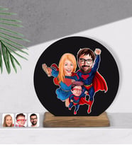 BK Gift Kişiye Özel Süper Aile Karikatürlü Yuvarlak Ahşap Biblo-1