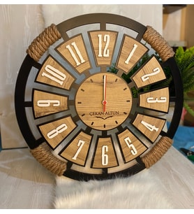 Kişiye Özel Halatlı Dekoratif Ahşap Duvar Saati 50 cm