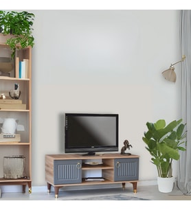 Eva Tv Sehpası Atlantik Çam Antrasit Gold Detaylı 2 Kapaklı Açık Raflı 130x50x36 Cm