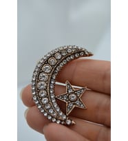STONEAGE JEWELLERY Zirkon Taşlı Ay Yıldız Broş Yaka İğnesi