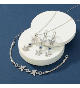 Gümüş Pazarım Safir Taşlı Kelebek Motifli Gümüş Set