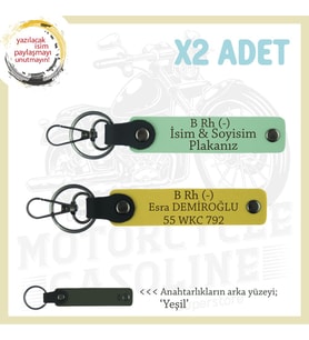 Motosiklet Severlere Özel, İsim Plaka ve B Rh (-) Kan Grubu Yazılı x2 Anahtarlıkları, Yeşil-Sarı-Ysl (Çok Renkli)