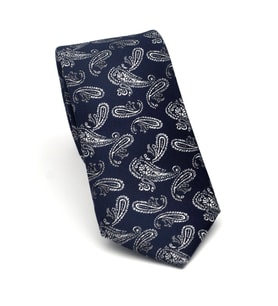 Gri Şal Desenli Lacivert Dokuma Kumaş Mendilli Slim Fit Kravat // SDK-2507-2