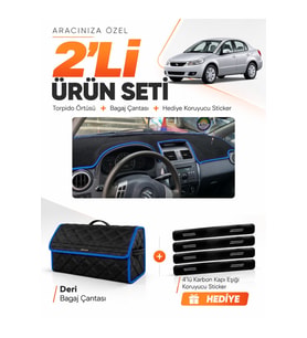 SUZUKI SX-4 (2006-2014) Uyumlu Torpido Örtüsü + Deri Bagaj Çantası + Sticker Seti - Siyah Mavi