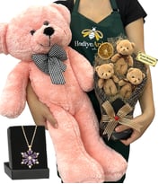 Kişiye Özel Hediye Seti - Ametist Taşlı Lotus Kolye, 3'lü Ayıcık Buketi ve Pembe Peluş Ayıcık (Model 1)