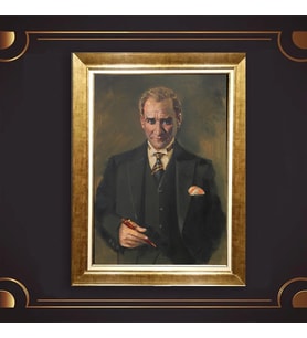 Altın Varaklı Çerçeveli Paspartulu Atatürk Tablo z5092 (Gold)