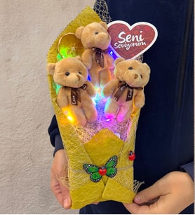 Renkli Led Işıklı Seni Seviyorum Kahve Ayıcıklı Büyük Boy Peluş Ayıcık Buketi (Model 2)