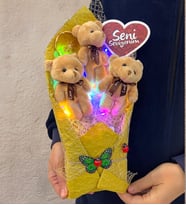 Renkli Led Işıklı Seni Seviyorum Kahve Ayıcıklı Büyük Boy Peluş Ayıcık Buketi (Model 2)