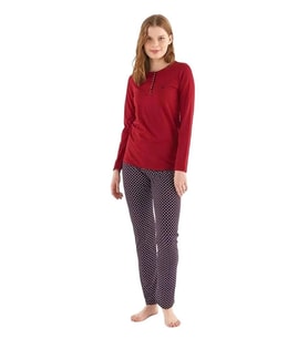 Mod Collection Patlı Pamuklu Desenli Bayan Pijama Takım (Bordo)