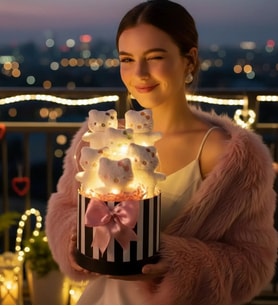 Anneler Kıza Hediye LED Işıklı Sevgililer Günü Özel Peluş Silindir Ayıcık Kutusu Hello Kitty Ayıcık Buketi Doğum Günü Hediyesi (Beyaz)