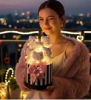 Anneler Kıza Hediye LED Işıklı Sevgililer Günü Özel Peluş Silindir Ayıcık Kutusu Hello Kitty Ayıcık Buketi Doğum Günü Hediyesi (Beyaz)