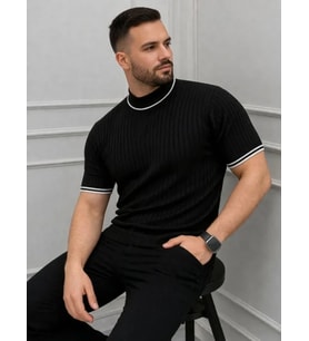 Erkek Fitilli Triko Dokuma Kısa Kol Tişört Yarım Boğaz Modern Yazlık T-Shirt - Siyah