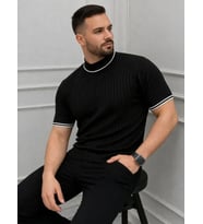 Erkek Fitilli Triko Dokuma Kısa Kol Tişört Yarım Boğaz Modern Yazlık T-Shirt - Siyah