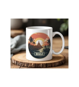 Bali Tasarımlı Beyaz Seramik Baskılı Kupa Bardak 330ml