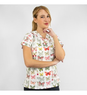Unisex Yeşil Kelebek Desenli Esnek Likralı  Estetisyen Veteriner Scrubs Cerrahi Tek  Üst Forma (Beyaz)