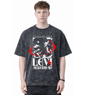 Tasarım Levi Ackerman Attack On Titan Anime Baskılı Unisex Oversize Eskitme Yıkamalı Tişört