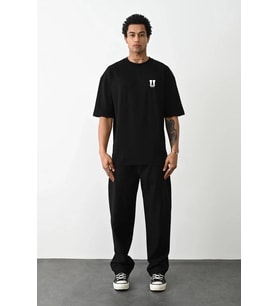 Erkek Kısa Kol Yazlık Tişört Bisiklet Yaka Baskılı Oversize T-Shirt - Siyah