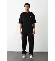 Erkek Kısa Kol Yazlık Tişört Bisiklet Yaka Baskılı Oversize T-Shirt - Siyah