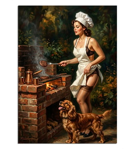 Mangalda Köpekli Pinup Kadın Barbekü Dekoratif Kanvas - Mdf Ahşap Tablo