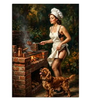 Mangalda Köpekli Pinup Kadın Barbekü Dekoratif Kanvas - Mdf Ahşap Tablo