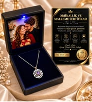 Fotoğraflı Işıklı Kutulu 925 Ayar Gümüş Altıgen Baget 100 Dilde Sevgi Gold Zirkonlu Kolye