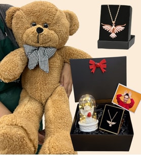 Zümdürü Anka Kuşu Kolyeli Fotoğraflı Premium Set - Büyük Kahverengi Peluş Ayıcıklı (Model 1)