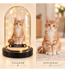 Fotoğraftan Kişiye Özel Kedi Karikatürlü 18 cm MDF Fanus Biblo - Kişiye Özel Hediye