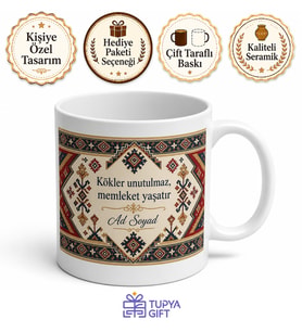 Yöresel Motif Desenli Memleket Kupası Özel Baskılı Porselen Kupa Bardak Hediye